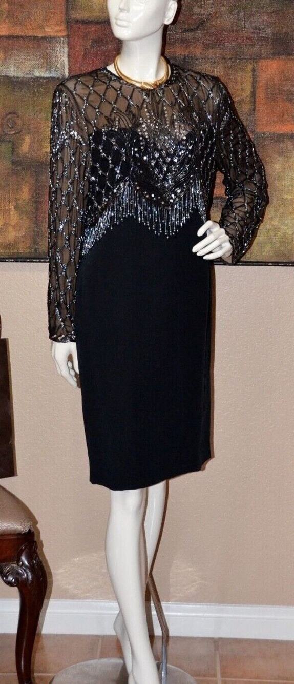Oleg Cassini BLACK TIE BLACK BEADED SEQUINED FORMAL Art Deco Dress 12 NEW!!!